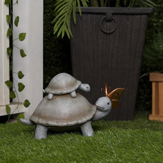 Alpine Corporation ZEN906 Mother and Baby Turtles with Love Butterfly Indoor Outdoor Decorative Garden Statue, 14" Long, Gray