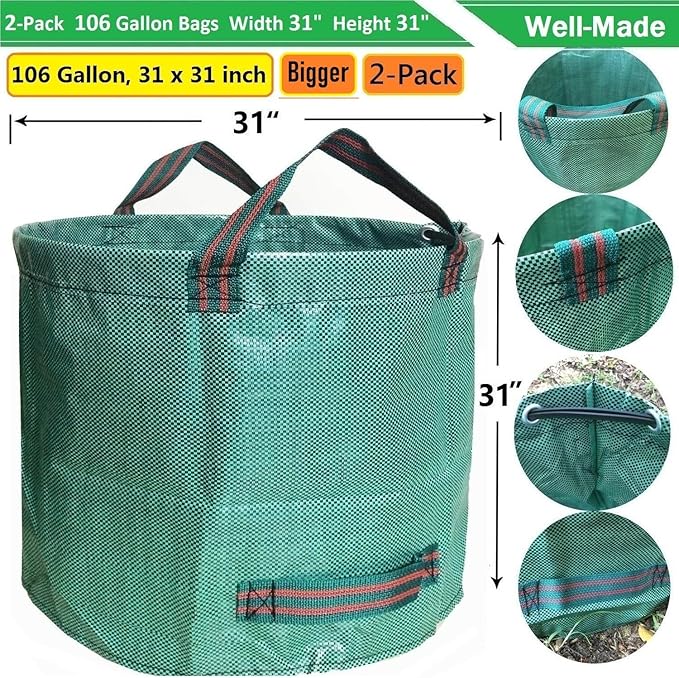 Professional 2-Pack 106 Gallon Yard Lawn Garden Bags Large (D31, H31 in) Yard Waste Bags with Gardening Gloves, Big Leaf Bag,Lawn Debris Bags,Garden Trash Container,Grass Clippings,Weeds Bag 4 Handles