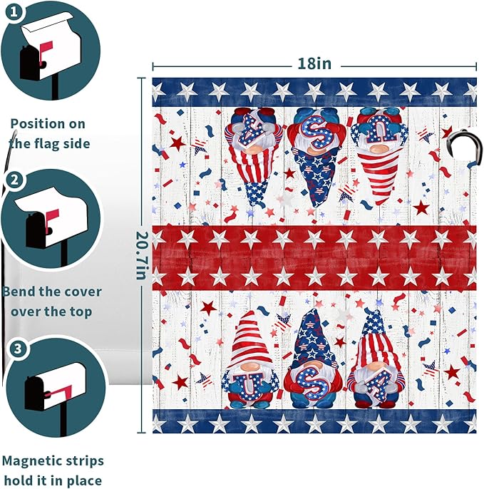 Patriotic Gnomes Mailbox Cover Magnetic 4th of July Elf USA Stars Independence Day Mailbox Wrap Post Cover Standard Size 21"x18" for Garden Yard Outdoor Outside Holiday Decor