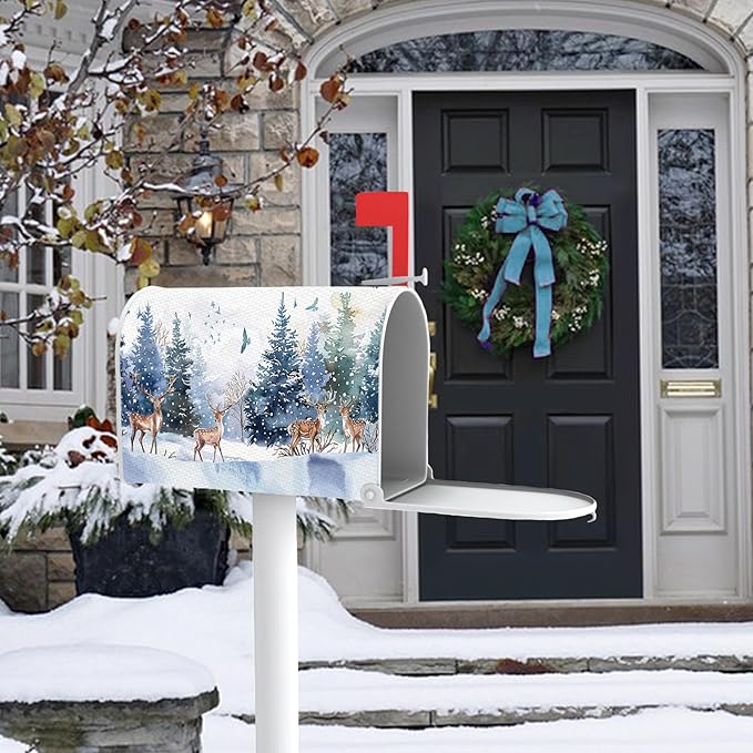 Winter Reindeer Mailbox Cover Magnetic Standard Size 20.5" x 18", Snowy Pine Tree Forest Birds Decorative Post Letter Box Wrap Decor, Christmas Seasonal Garden Yard Outdoor Decoration