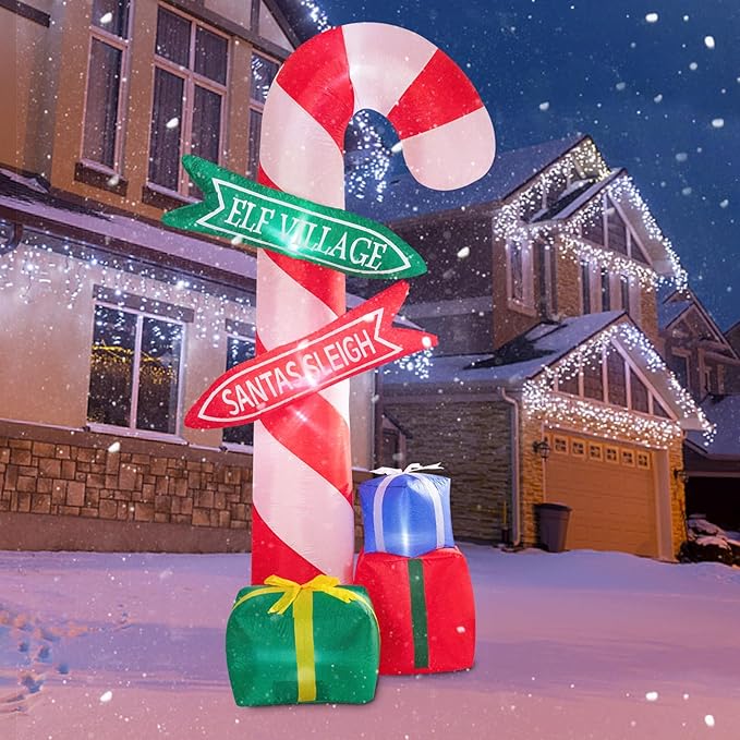 MUMTOP 9 Ft Tall Christmas Inflatables Outdoor Decorations, Inflatables Candy Cane with Road Sign Blow up Merry Christmas Bag Yard Decoration Built-in LED Lights for Outdoor Party Holiday Decor
