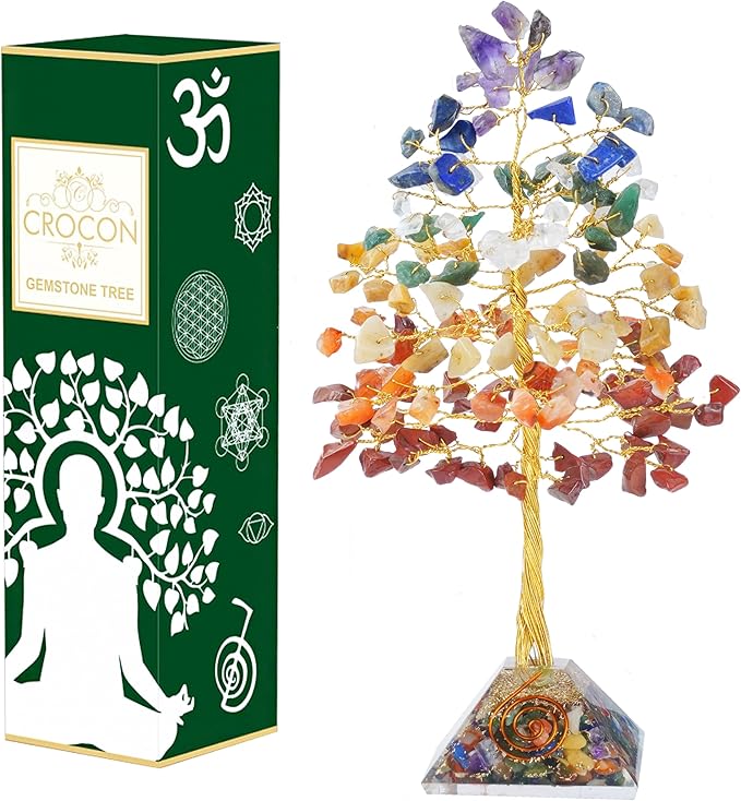 7 Chakra Crystal Tree with Orgone Pyramid Base Desk Decor Healing Crystals Bonsai Tree Gifts for Women Office & Shelf Home Room Decor for Mom Sister Girlfriend Present Housewarming