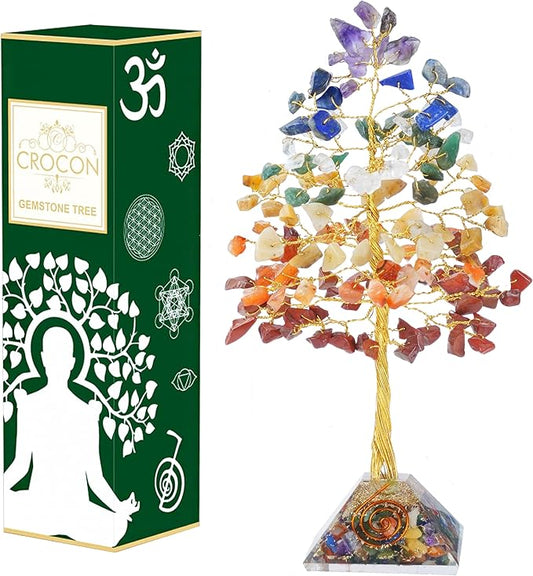 7 Chakra Crystal Tree with Orgone Pyramid Base Desk Decor Healing Crystals Bonsai Tree Gifts for Women Office & Shelf Home Room Decor for Mom Sister Girlfriend Present Housewarming