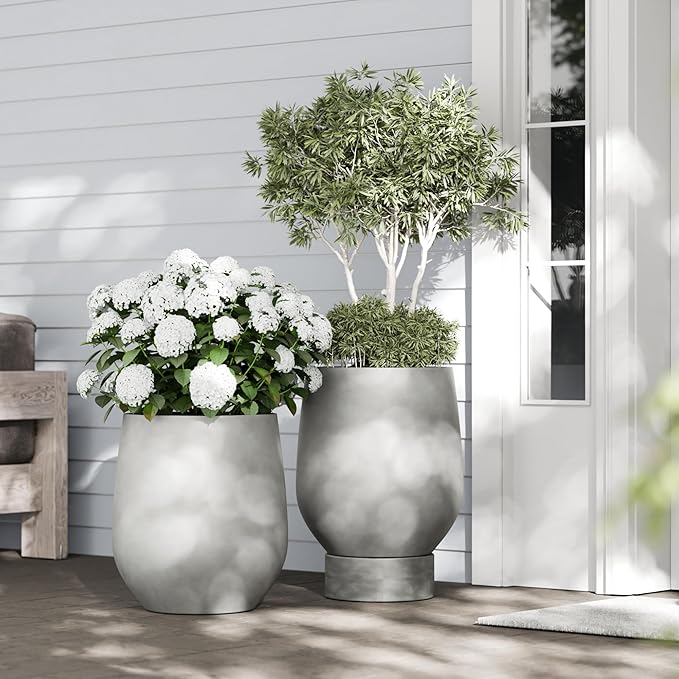 DTY Signature Mount Wilson Lightweight and Durable Modern Fiberstone Tapered Planter for Indoor Outdoor, Drainage Hole & Rubber Plug, Weather Resistant, 11.8" H x 11" Dia, 8" Opening - Small, Gray