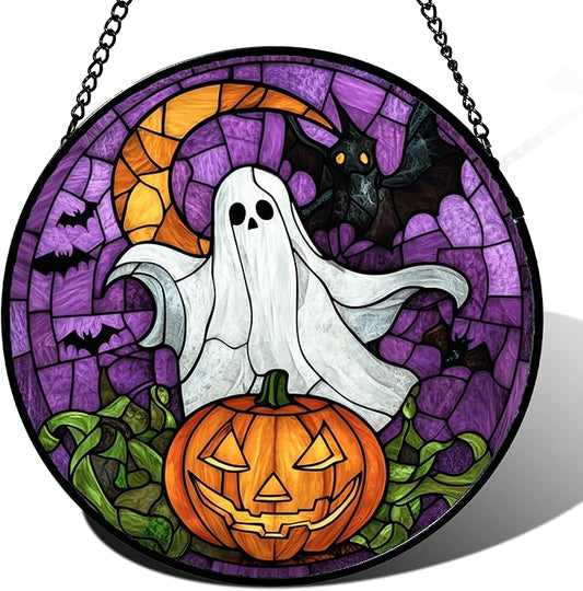 Stained Glass Window Hanging Halloween Scary Purple Night Sky Bat Ghost 7.8" - Suncatcher Door Garden Sun Catcher Gothic Home Decor Birthday Horror Gifts for Mom Men Woman Friend