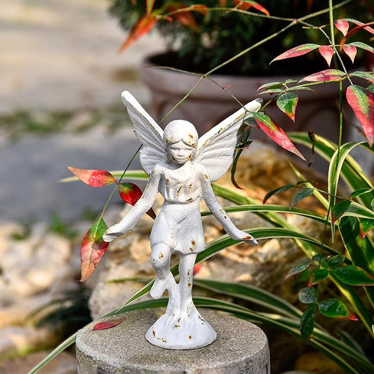 Sungmor Cast Iron Angel Statue, Rustic White Playful Fairy Figurines, Creative Angel Pixie Collection Home Office Desk Decor, Indoor Outdoor Fairy Garden Accent Ornament
