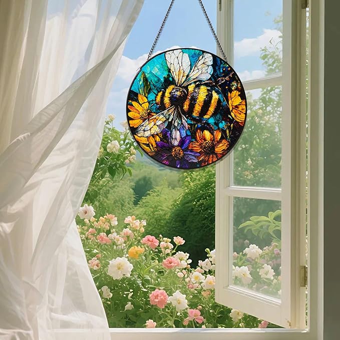 Stained Glass Window Hanging, Bee Yellow Flower Suncatcher for Doors Home Sun Catchers Decoration, Mother's Day Birthday Gifts for Women, Men, and Mom (8 Inch)