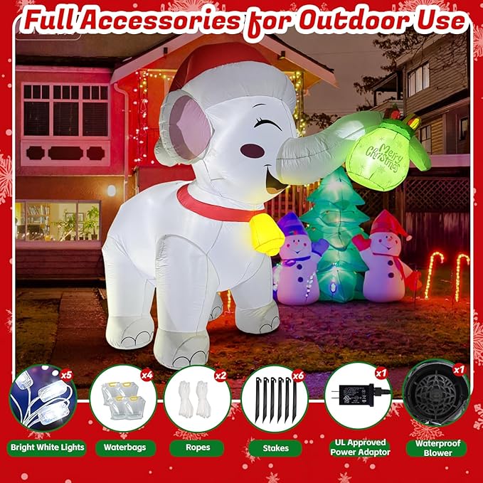 11FT Long Christmas Inflatables White Elephant with Gift Box, Christmas Blow Ups White Elephant Gift Exchange Theme Decoration, Built-in LEDs for Holiday Party Garden Lawn Yard Patio Outdoor