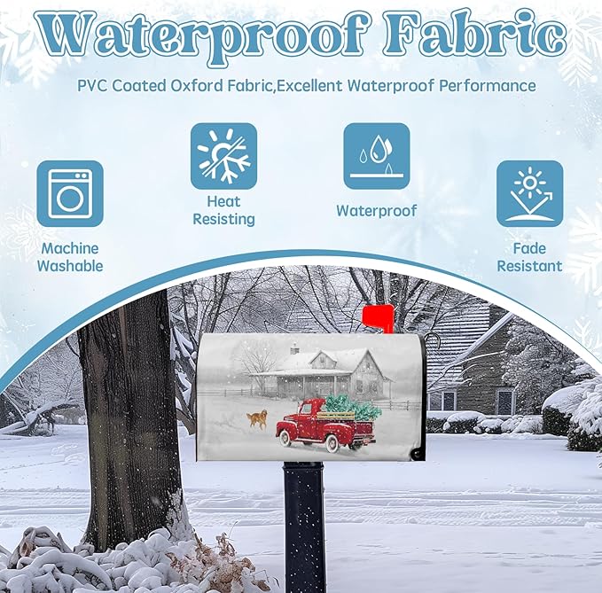Winter Mailbox Cover Red Truck Snowflake Oversize Mailbox Wrap with Magnetic Strip Christmas Dog Snowy Letter Post Box Cover Decoration Welcome Home Outdoor Large Size 25.5" Lx 21" W