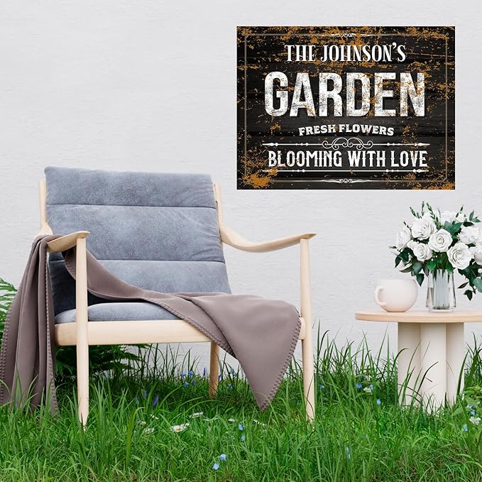 Custom Garden Blooming with Love Sign, Christmas Season, Personalized Name for Backyard/Flower Garden Décor Sign, 18x24 Inches, Rust Free .063 Aluminum, Fade Resistant, Made in USA by Sigo Signs