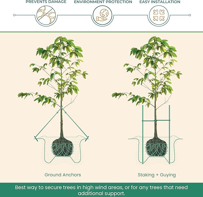 DeepRoot ArborTie Heavy-Duty Ground Anchoring Kit for Tree Support, Includes Three 10’ ArborTie Green and Three 15” Steel Eye Earth Anchors, Versatile Tree Stake Kit, Landscaping Stakes (AT HD15)