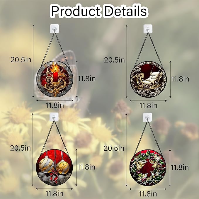 Stained Glass Window Hanging 4 Pcs Set Christmas Golden Bell Sleigh Large 11.8" - Suncatcher Door Garden Sun Catcher Decor Birthday Mother's Day Xmas Gifts for Mom Woman Nana Men Parents