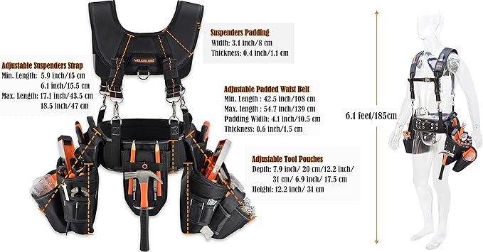 WELKINLAND 39Pockets Tool Belts for Men with Suspenders, 4" Padded Toolbelt, Tool Belt with Suspenders, Black W/Orange, One Size (38"-48")