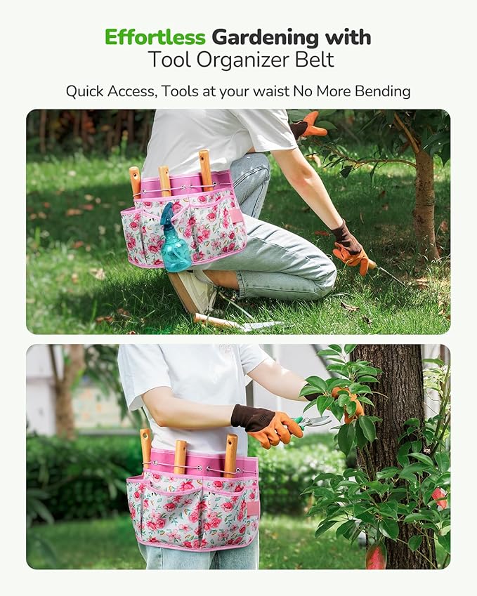 All-in-One Garden Tool Set with Tools Organizer Belt Adjustable, 10-Piece Heavy Duty Gardening Hand Tools, Long Lasting Rust-Proof Premium Garden Tool Kit, Gardening Gift for Women Men (Pink)
