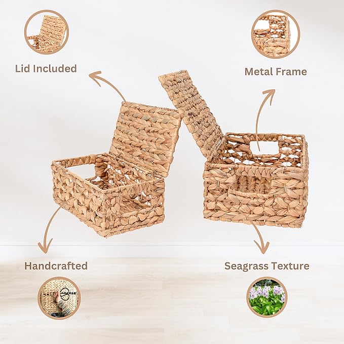Set of 2 Decorative Storage Boxes with Lids, Wicker, Decorative for Home Decor, Seagrass