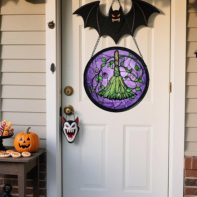 Stained Glass Window Hanging - Halloween Decorations Witch Magic Broom Suncatcher for Doors Garden Indoor Funny Spooky Sun Catchers Gothic Decor Horror Gifts for Women Men Friend 11.8 in