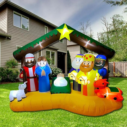 8.8 FT Christmas Inflatables Nativity of Jesus Blow Up Yard Decorations with LED Lights Religious Blow Up Yard Decor for Outdoor Xmas, Holiday Party, Patio & Lawn Decorations