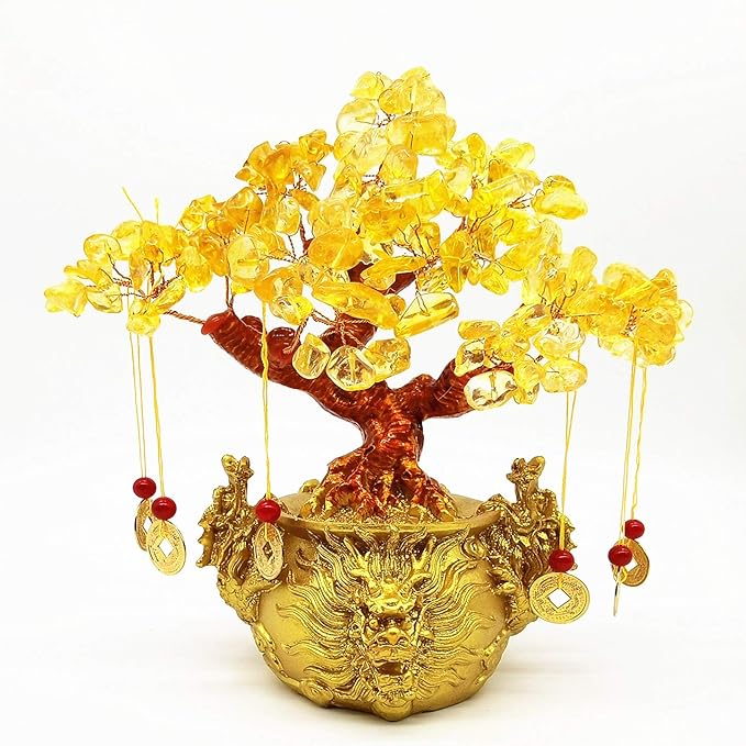 Feng Shui Yellow Quartz Crystal Tree, Bonsai Style Money Trees Decoration for Luck and Wealth (Dragon pots)