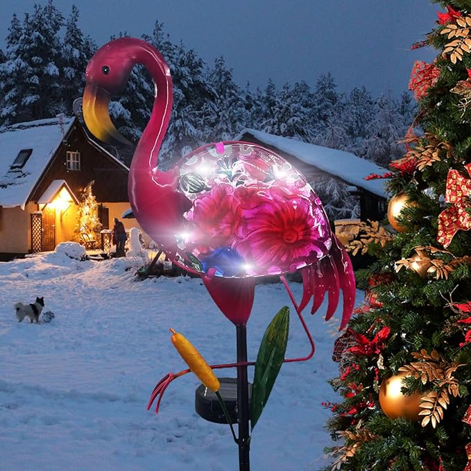 Solar Flamingo Garden Decor - Solar Pathway Lights & Stakes, Glass & Metal, Waterproof for Patio, Lawn, Courtyard