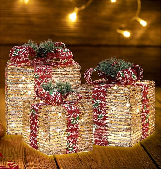 [Ultra-Large 15.5"x13.5"x11"] Christmas Set of 3 Lighted Rattan Gift Boxes Decorations Pre-lit 91 Super-Bright LED with Flashers,for Indoor Outdoor Pathway Holiday Party Home(Warm White)