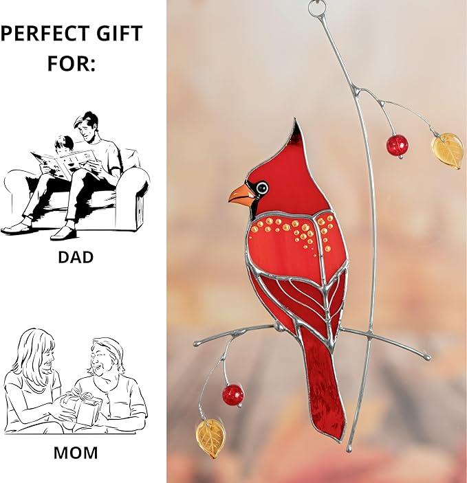 Hummingbird Cardinal Birds Stained Glass Suncatcher Genuine Stained Glass Window Hangings Unique Indoor Ornament & Outdoor Decor (Golden Cardinal)