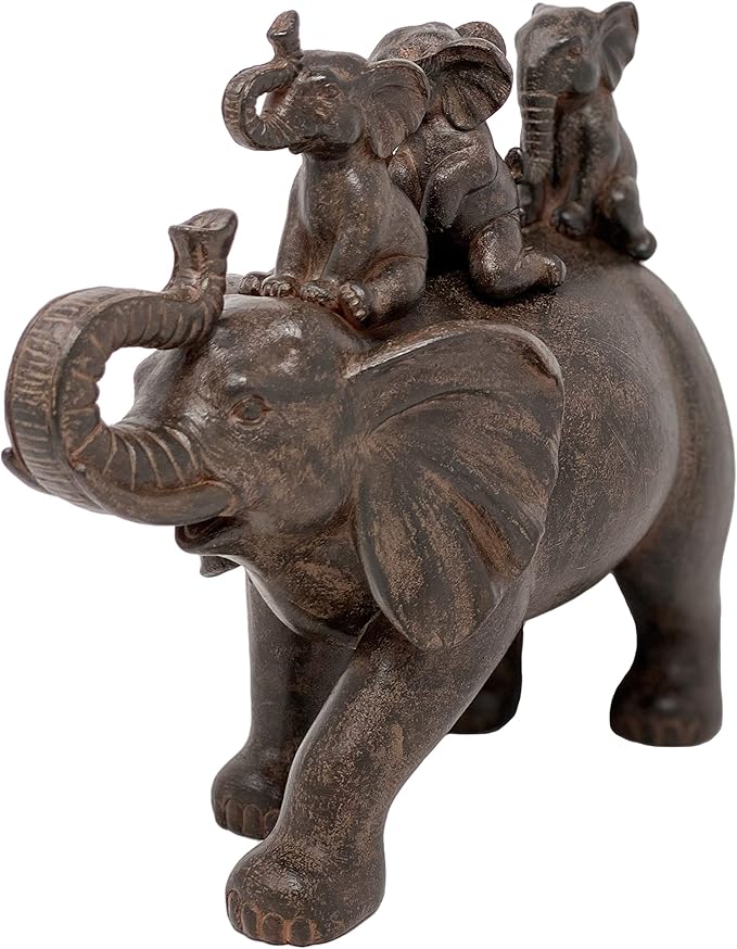 Nature's Mark 8" H 3 Baby Elephants Riding an Elephant Resin Statue Figurine Home Decorative Accent Decor (Brown)