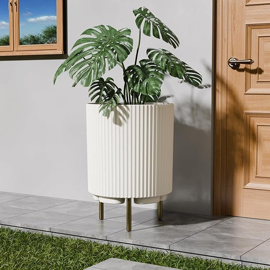 FONTOI 20.3'' Round Planter Stand, Plastic Striped Planter with 3 Holder, Indoor/Outdoor Flower Pot, White