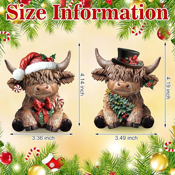 Karenhi 2 Pcs Christmas Highland Cow Decor, Resin Highland Cow Figurines Christmas Gnomes Gift Scottish Statue Calf with Xmas Tree for Calf Lovers Home Garden Kitchen Office Table Decorations