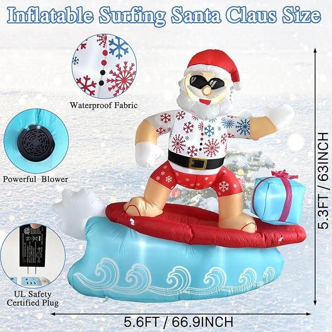 5.6FT Christmas Inflatables Surfing Santa Claus Outdoor Hawaiian Decorations, Christmas Blow Up Yard Decorations with Built-in LED Lights for Indoor Outdoor Holiday Party Garden Patio Yard Lawn Decor