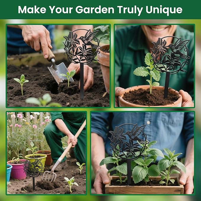 CUTHOLLOW Metal Plant Marker Stake Hummingbird and Flower for Outdoor Indoor, Waterproof 11.8 inch Cute Garden Plant Labels Sign Tag for Vegetables, Farmhouse Greenhouse Decor - Funny Gardening Gifts