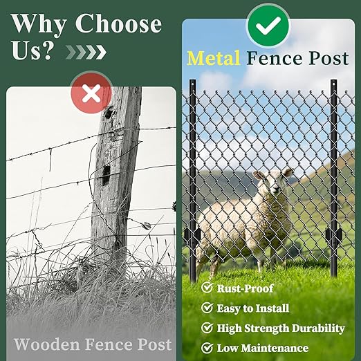 10 Pack Metal Fence Posts, 4ft Heavy Duty U-Post, Black Garden Stakes, No-Dig Post Anchors for Wire Fences, Temporary Fencing, Electric Fence, and Corner Support