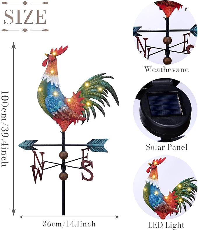 TERESA'S COLLECTIONS Garden Decor with Solar Outdoor Lights, Red Rooster Yard Art Sign for Outside, 39.4'' Metal Weathervane Decorative Garden Stake for Outdoor Decor Lawn, Gifts for Mom