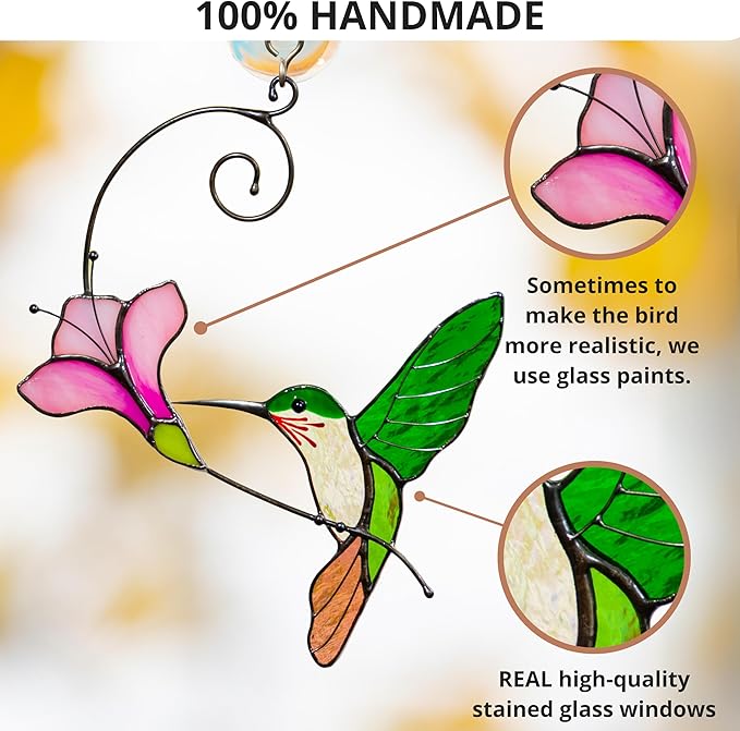 Multicolor Hummingbird Handmade Stained Glass Suncatcher Genuine Stained Glass Window Hangings Unique Indoor Ornament & Outdoor Decor (Green Hummingbird)