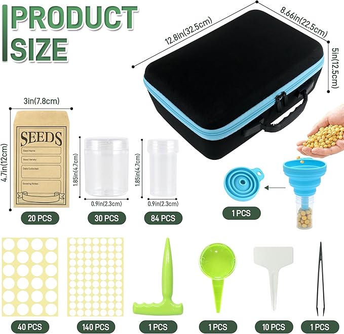 114 Slots Seed Storage Organizer Kit with 20 Envelopes, Waterproof Seed Storage Box, Transparent Bottles, Tweezers, Funnel, Sower for Vegetable Flower Garden Seeds Saver Kit for Vegetable