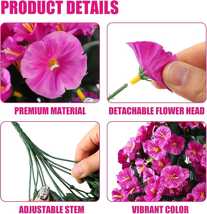 Sggvecsy Artificial Fake Hanging Flowers Plants for Outdoor Outside Spring Summer Decoration 2PCS Faux Silk UV Resistant Realistic Morning Glory Trailing Vines for Home Porch Patio Balcony(Purple red)