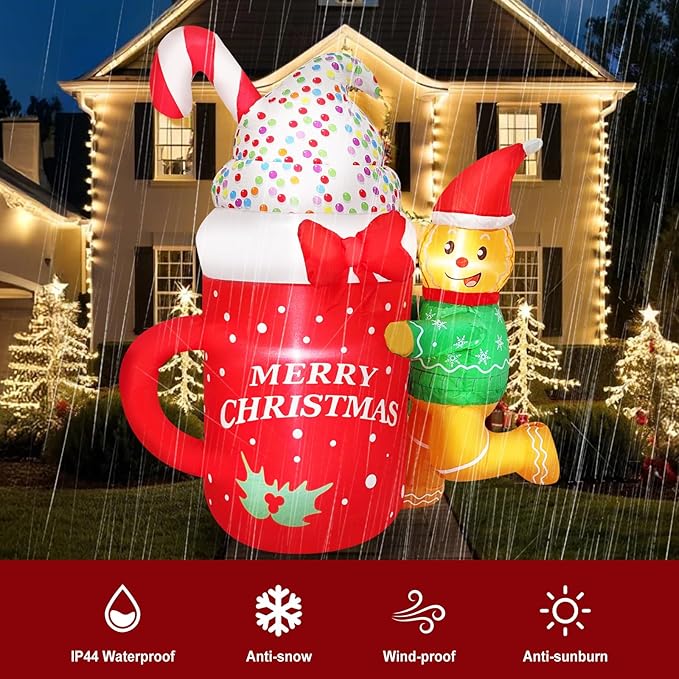 5FT Inflatable Gingerbread Men Christmas Decoration Blow Up Elf with Ice Cream Merry Christmas Printed Decor for Holiday, Party, Winter Festive Ornaments Indoors Outdoors Lawn, Yard, Garden