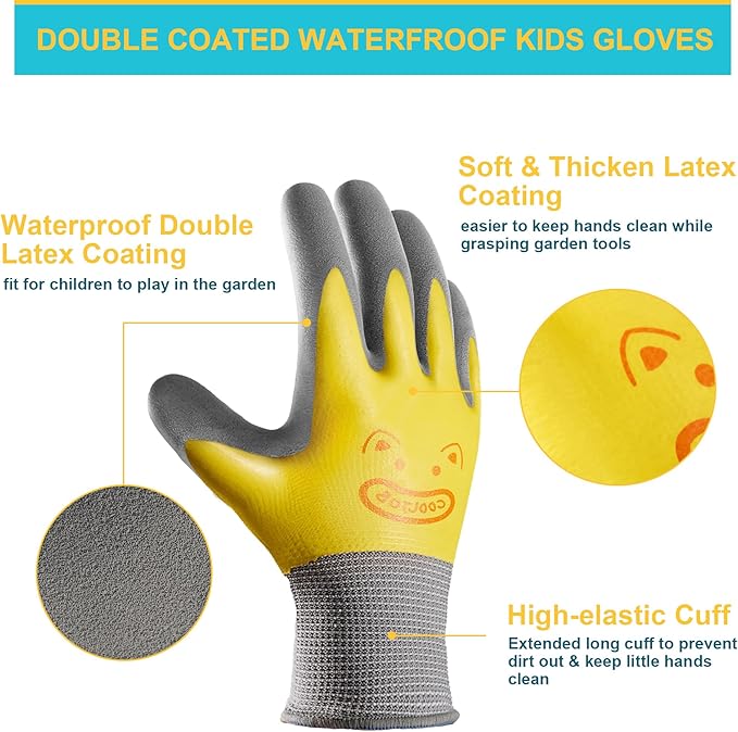 COOLJOB 2 Pairs Waterproof Kids Gardening Gloves for Age 2-4, Non-slip Double-layer Rubber Coating,Children Grippy Breathable Toddler Garden Work Gloves, Blue & Yellow, Small