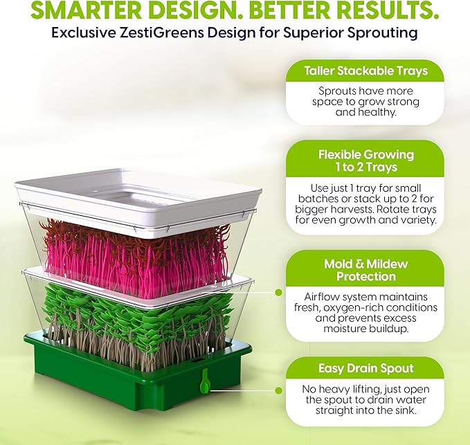 ZESTIGREENS 2-Tier Sprouting Kit with Drain Spout – Stackable Seed Sprouter Trays for Growing Fresh Sprouts at Home – BPA-Free, Easy Rinse & Drain System