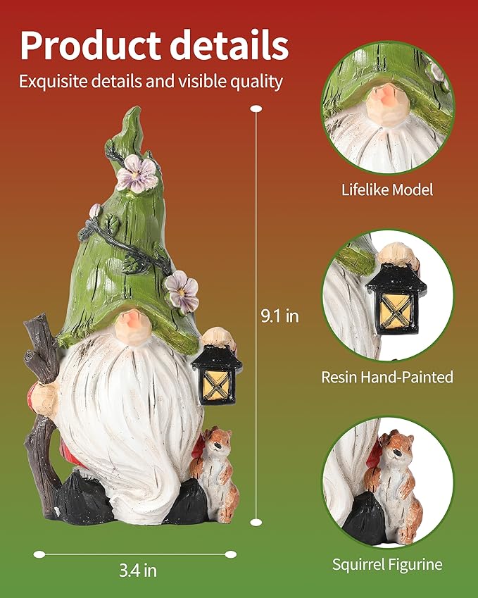 Hand-Painted Resin Garden Gnome with Squirrel Figurine - 9.1" Tall Summer and Spring Decorations for Home, Yard, and Garden - Unique Gnome Gifts for All Ages (Green)