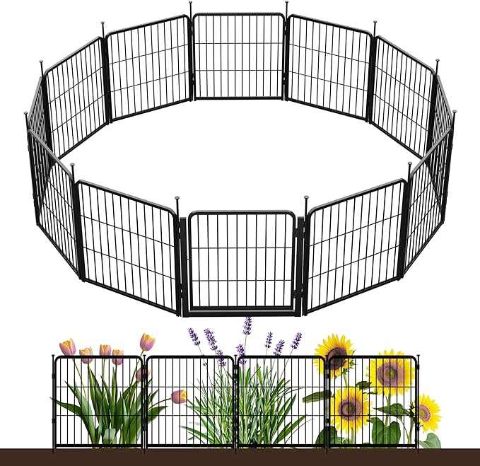 SunsGrove Garden Fence with Gate, 24 in(H) x 22.2 ft(L) 12 Panels Heavy Duty Metal Animal Barrier Fence for Yard, Suitable for Indoor or Outdoor Dog Pet Fence, Garden Fence Border, Black
