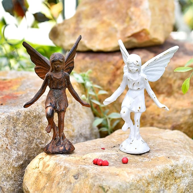 Sungmor Cast Iron Angel Statue, Rustic Brown Fairy Figurines, Creative Angel Pixie Collection Home Office Desk Decor, Indoor Outdoor Fairy Garden Accent Ornament