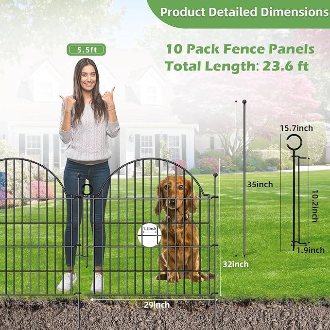 Decorative Metal Garden Fence 10 Panels, 32in (H) x 23.6ft (L) No Dig Dog Fence Outdoor for Yard, Temporary Rustproof Metal Wire Rabbit Dog Garden Border Fencing for Patio