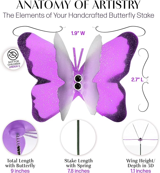 Handmade Purple Butterfly Garden Stakes Set of 7 - Decorative Outdoor & Indoor Plant Decor - Nature Lover Gift Idea by Air Aquarium Kushner