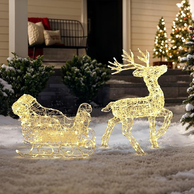 LuxenHome Lighted Reindeer Christmas Outdoor Yard Decorations, Prelit Reindeer and Sleigh Indoor & Outdoor Christmas Decor with 250 LED Lights, Xmas Decorations for Front Porch, Lawn, Garden Display