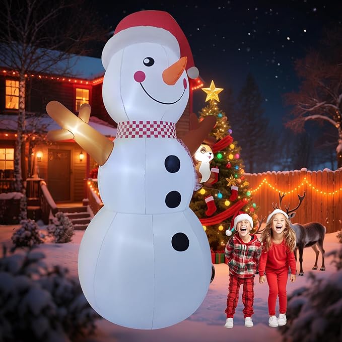 12ft Giant Snowman Inflatable Decor with Cute Squirrel Christmas Inflatable Yard Decor Build-in LED Outdoor Blow up Holiday Decorations for Yard/Lawn/Garden