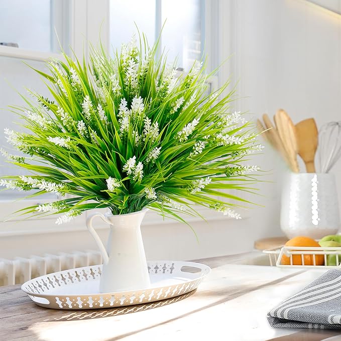 Sggvecsy 12 Bundles Artificial Plants Outdoor Faux Lavender Flowers Fake Monkey Grass UV Resistant Plastic Greenery Plants for Garden Home Porch Window Patio Hanging Planter Indoor Decor (White)