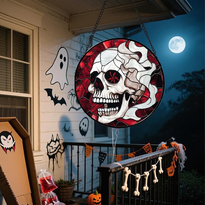Stained Glass Window Hanging - Halloween Decorations Vampire Skeleton Suncatcher for Doors Garden Indoor Funny Spooky Sun Catchers Gothic Decor Horror Gifts for Women Men Friend 7.8 in