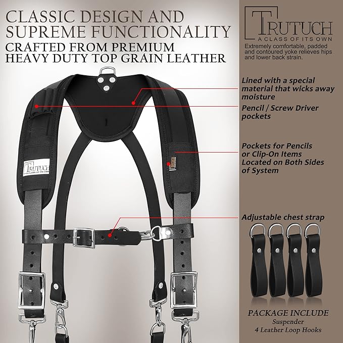 Leather Work Suspenders With Pockets | Fully-Adjustable Padded Leather Tool Belt Suspenders