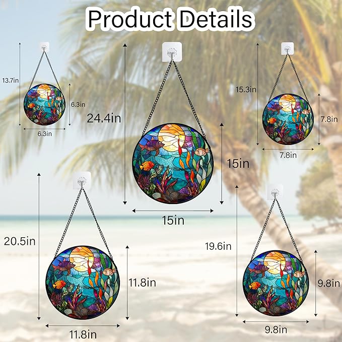Stained Glass Window Hanging - Blue Ocean World Small Fish Coral Sun Catcher for Door Garden Home Decor Sea Suncatcher Christmas Mother's Day Birthday Gifts for Women Men Mom Nana 9.8 in