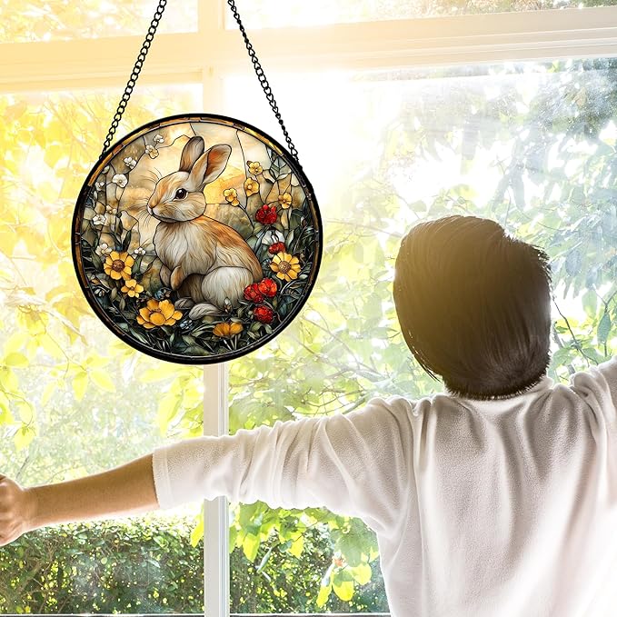 Stained Glass Window Hanging - Rabbit Flowers Suncatcher Ready to Hang Window Doors Home Decoration, Easter, Mother's Day Birthday Gifts for Women, Men, and Mom 11.8x11.8 in